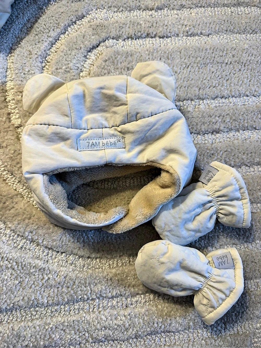 7AM Enfant Cub Set - Teddy | Hat & Mittens White - sz0-6